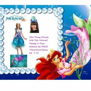 Disney Mermaid Ariel Deluxe Prestige Girls Costume , Gloves /Purse & Tiara 4-6X